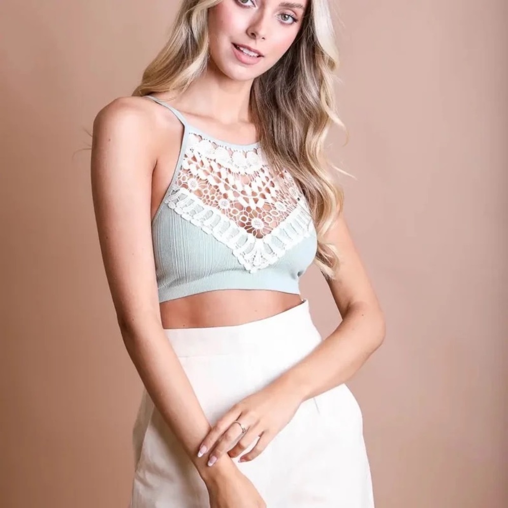 Mint Crochet Lace High Neck Bralette